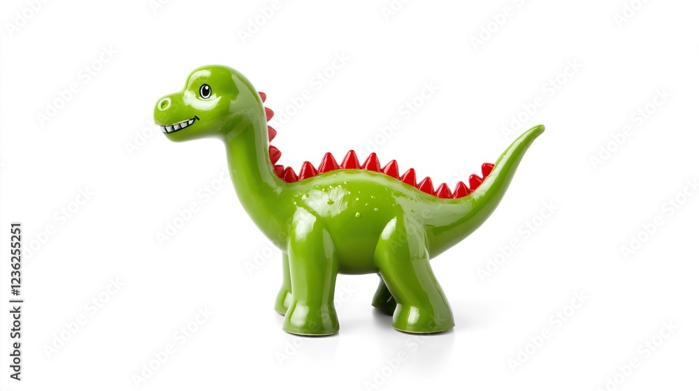Fototapeta premium Colorful green rubber dinosaur toy with red spikes and smile