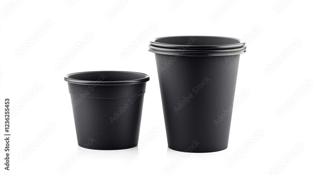 Two Different Sizes of Black Plastic Cups on White Background Two Different Sizes of Black Plastic Cups on White Background
