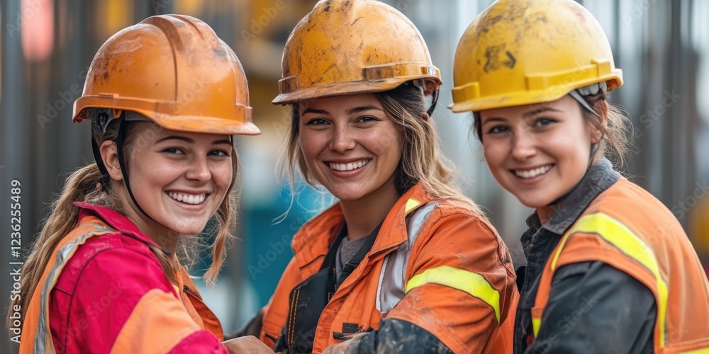 Four women smiling at the camera, working hard hats on. They are part of a diverse and inclusive workforce. Four women smiling at the camera, working hard hats on. They are part of a diverse and inclusive workforce.