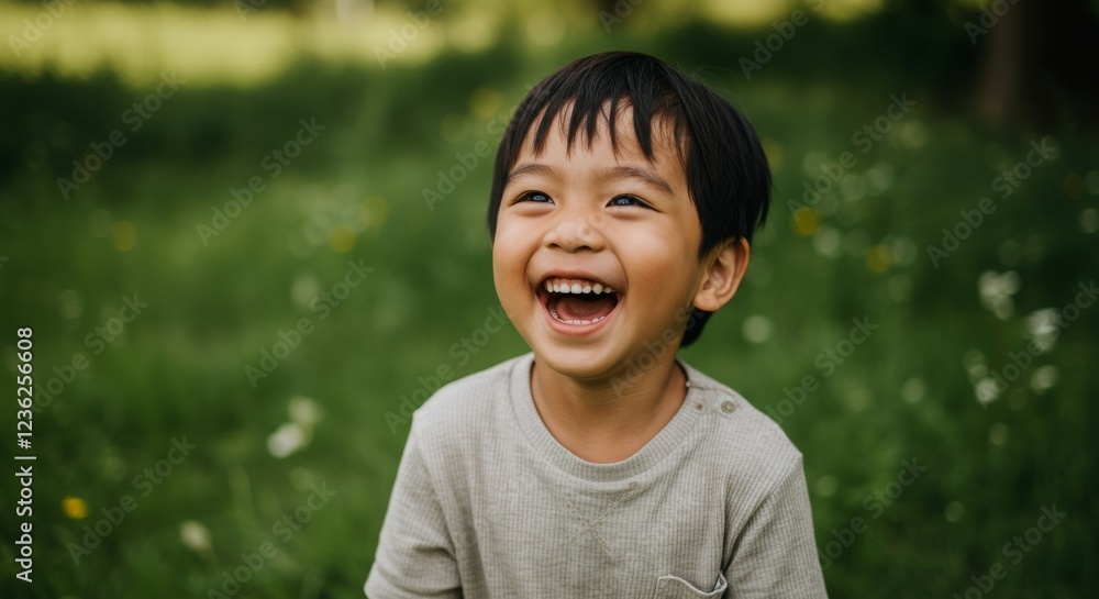 Happy Child Laughing Outdoors in Green Field Happy Child Laughing Outdoors in Green Field