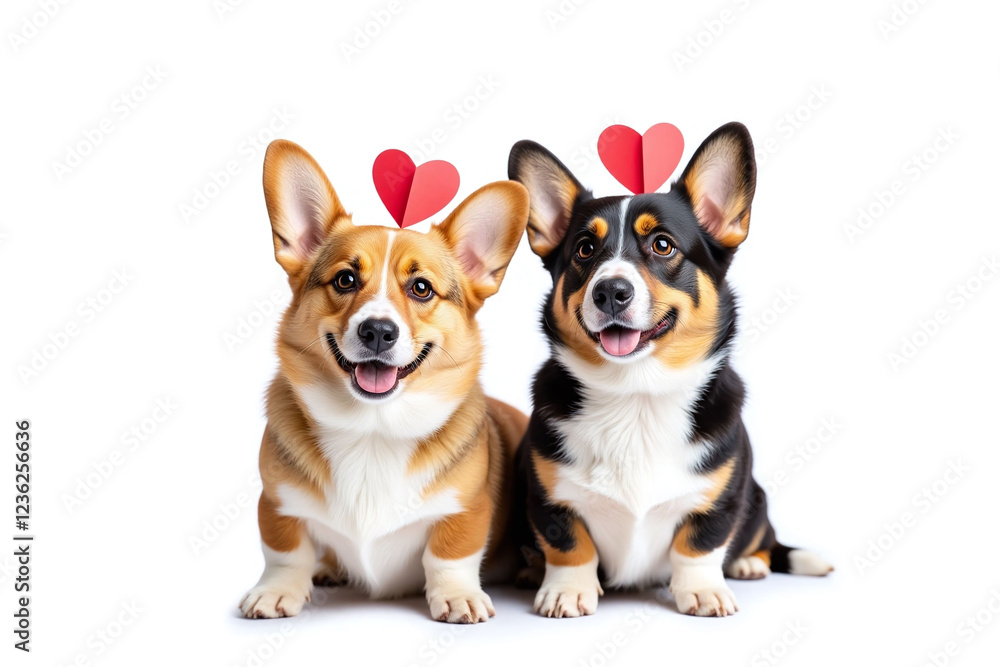 Two Corgis with red paper hearts on white background Two Corgis with red paper hearts on white background