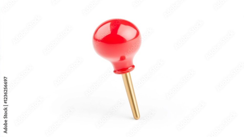 Bright Red Toy Top with Golden Spindle on Minimalist Background Bright Red Toy Top with Golden Spindle on Minimalist Background