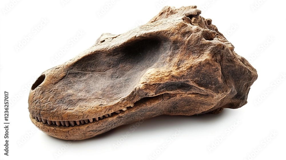 Realistic Dinosaur Skull Fossil Model Displayed on a White Background Realistic Dinosaur Skull Fossil Model Displayed on a White Background