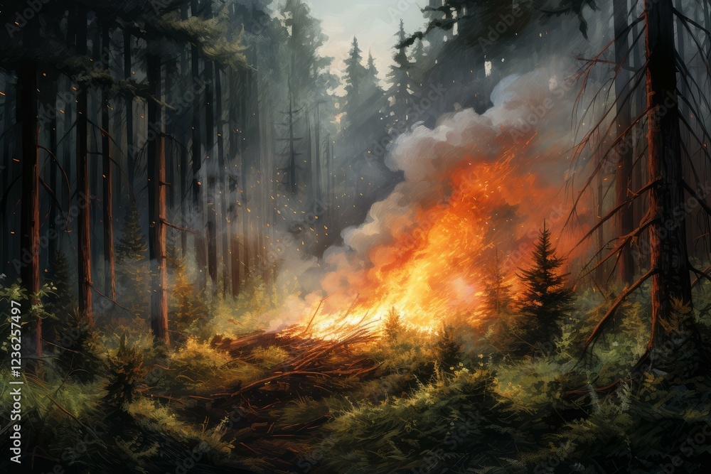 Intense flames engulfing trees and underbrush in a forest fire, creating a dangerous and destructive scene Intense flames engulfing trees and underbrush in a forest fire, creating a dangerous and destructive scene