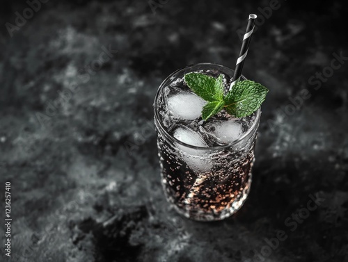 A glass of soda with a green leaf on top. The drink is cold and refreshing. Concept of relaxation and enjoyment