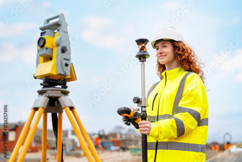 Woman Surveying engineer conducts land measurement with total station equipment at a construction site during a bright day