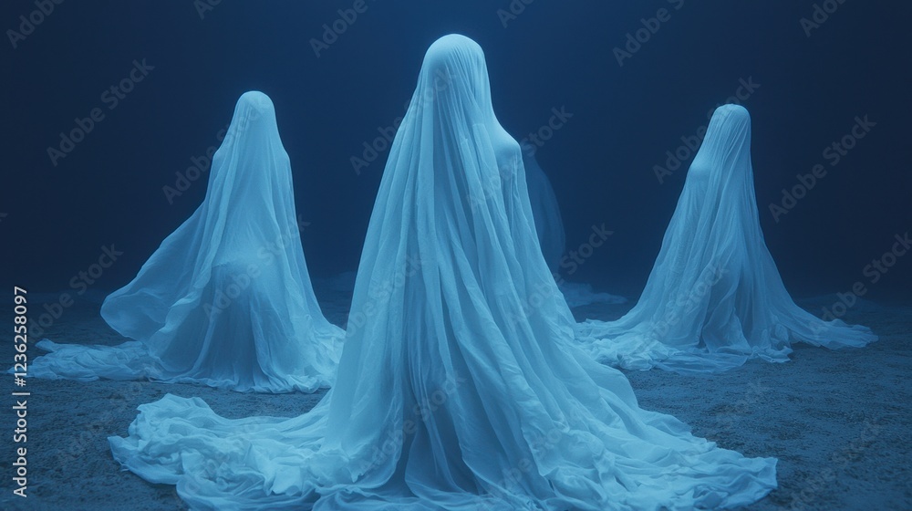 Ethereal Figures Shrouded in Blue Light and Flowing Fabrics Ethereal Figures Shrouded in Blue Light and Flowing Fabrics