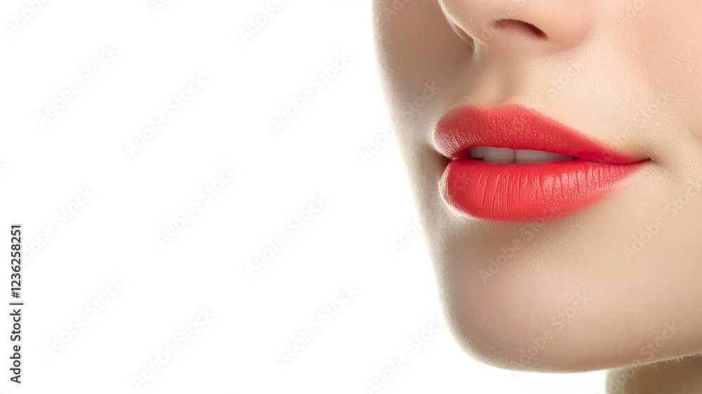 Naklejka premium Close-up of smooth lips with coral lipstick on a white background