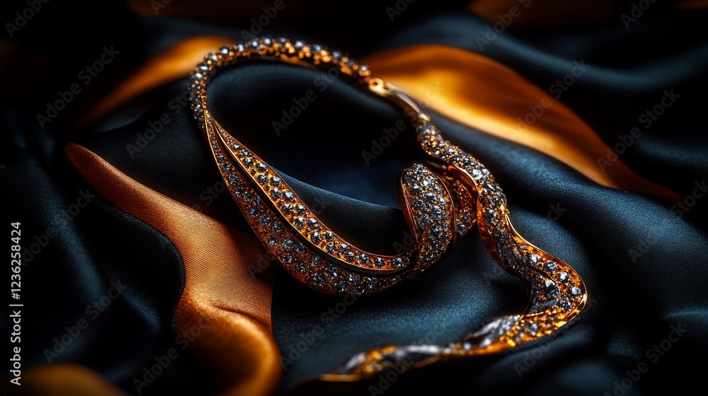 Fototapeta premium Luxury Diamond Necklace on Silk: A Golden and Dark Teal Elegance