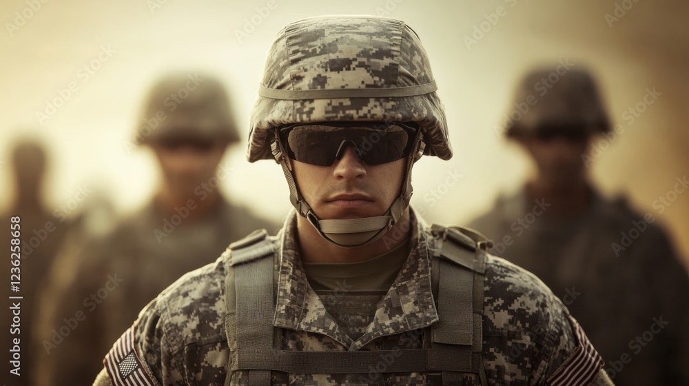 Fototapeta premium Soldiers Holding Small American Flags During a Military in Camouflage Uniform and Tactical Equipment