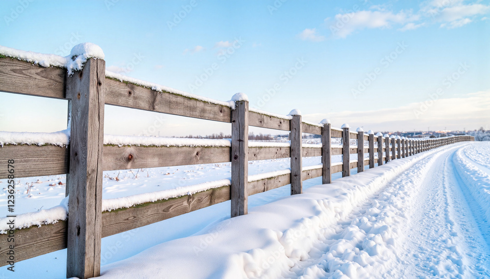 Fototapeta premium Snow-draped wooden fence along winter trail, serene landscape