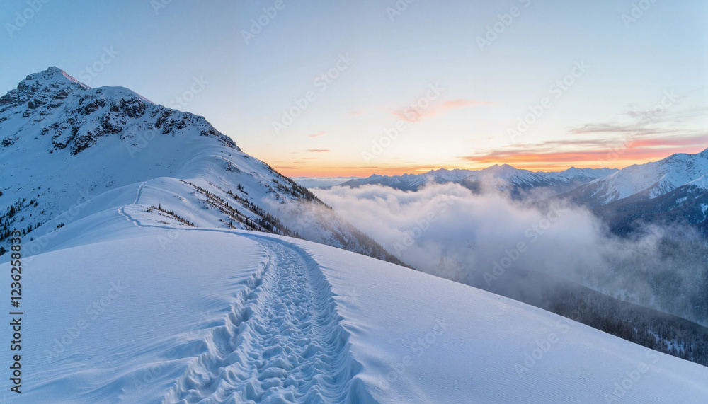 Mysterious snowy trail vanishing into mist at dawn, ethereal journey Mysterious snowy trail vanishing into mist at dawn, ethereal journey