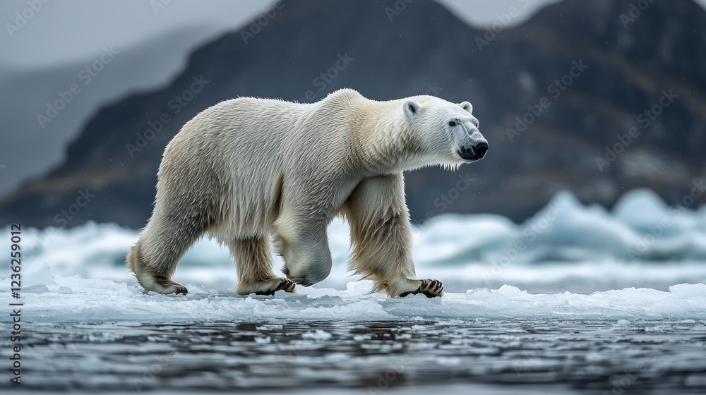 Polar bear walks on Arctic ice floes with mountains in background Polar bear walks on Arctic ice floes with mountains in background