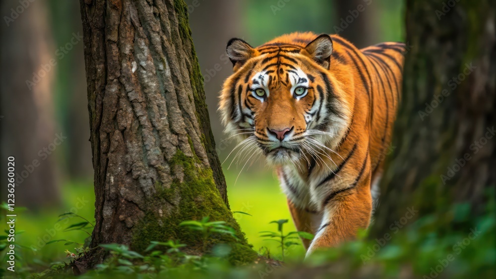 Fototapeta premium Orange tiger with black stripes standing in a forest wallpaper background