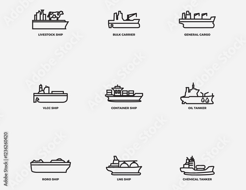 type of cargo ship outline icon .commercial merchant vessel thin line vector icons collection isolated on background