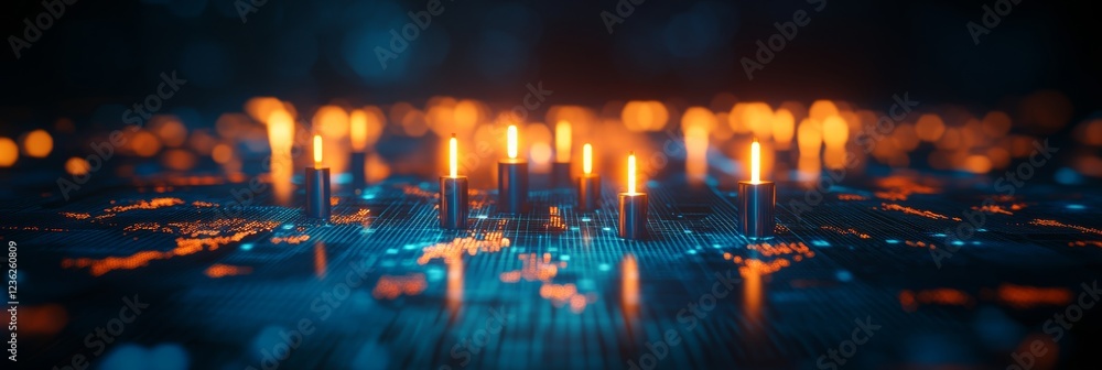 Obraz premium Abstract Background With Glowing Candles On Circuit Board, Big Data And Digital Technology Concept