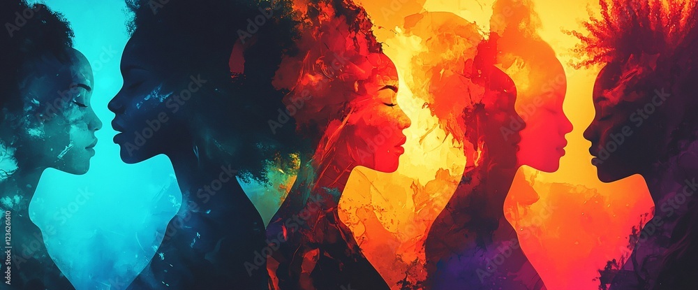 Obraz premium Colorful silhouettes of four women's profiles, facing right, set against a vibrant, abstract background.