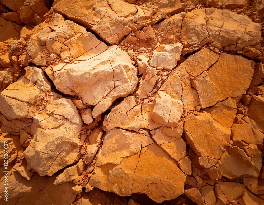 Fototapeta premium Dry and cracked desert stone texture, earthy orange and beige tones, rough and rugged surface, arid landscape feel.