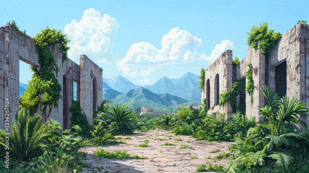 Fototapeta premium Abandoned Ruins Surrounded by Lush Greenery and Majestic Mountains