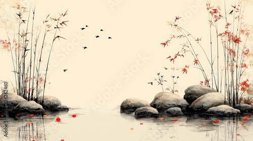 Serene Asian garden pond, bamboo, rocks, birds, autumn