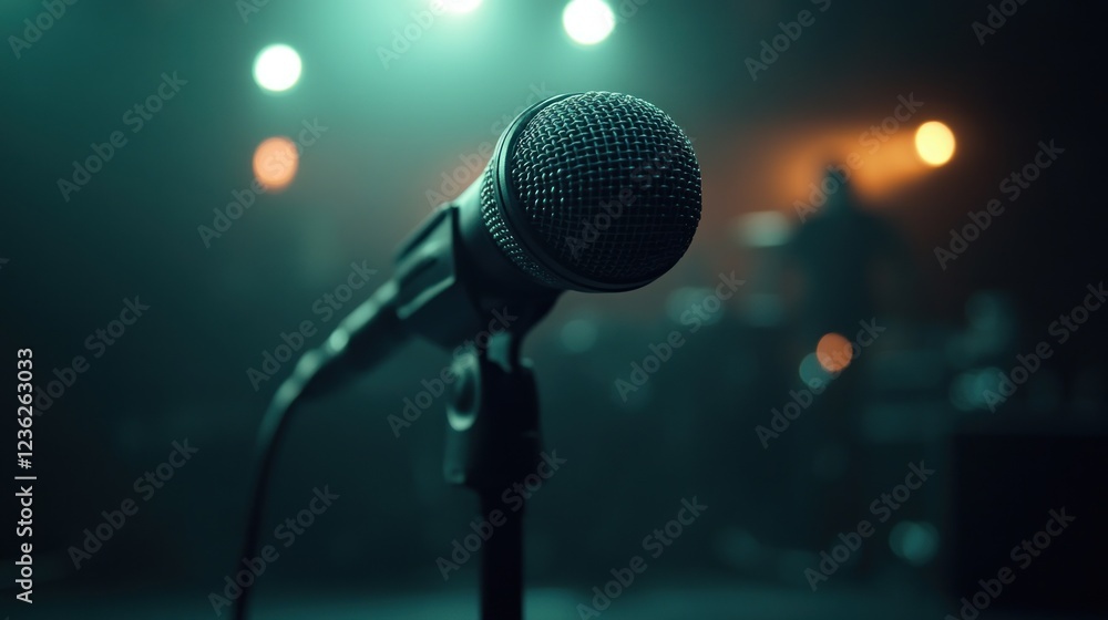 Obraz premium Stage microphone, concert, music, performance, spotlight, smoky, background, vocalist, audio, event