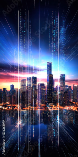 A mesmerizing city skyline illuminated by vibrant lights, blending the realms of technology and urban life, creating a breathtaking futuristic atmosphere at dusk.