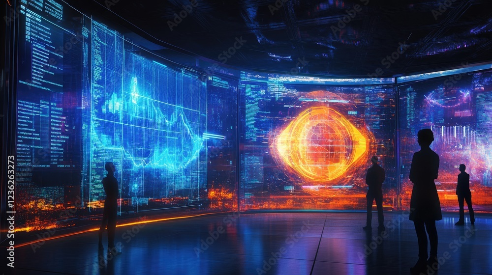 A modern holographic display showcasing glowing graphs, vibrant data, and a cutting-edge futuristic aesthetic A modern holographic display showcasing glowing graphs, vibrant data, and a cutting-edge futuristic aesthetic