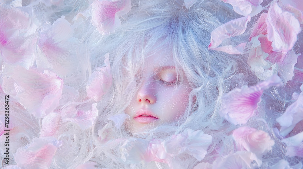 Dreamy Scene of Girl Surrounded by Soft Flower Petals Drifting Dreamy Scene of Girl Surrounded by Soft Flower Petals Drifting
