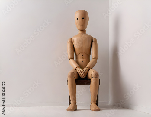wooden mannequin sitting at a corner, sad