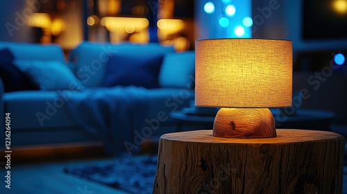 Lit lamp on wood slice in cozy living room at night photo