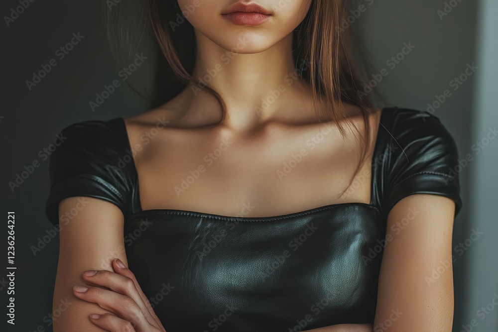Naklejka premium A close up photo of girl with crossed arms wearing black leather top.