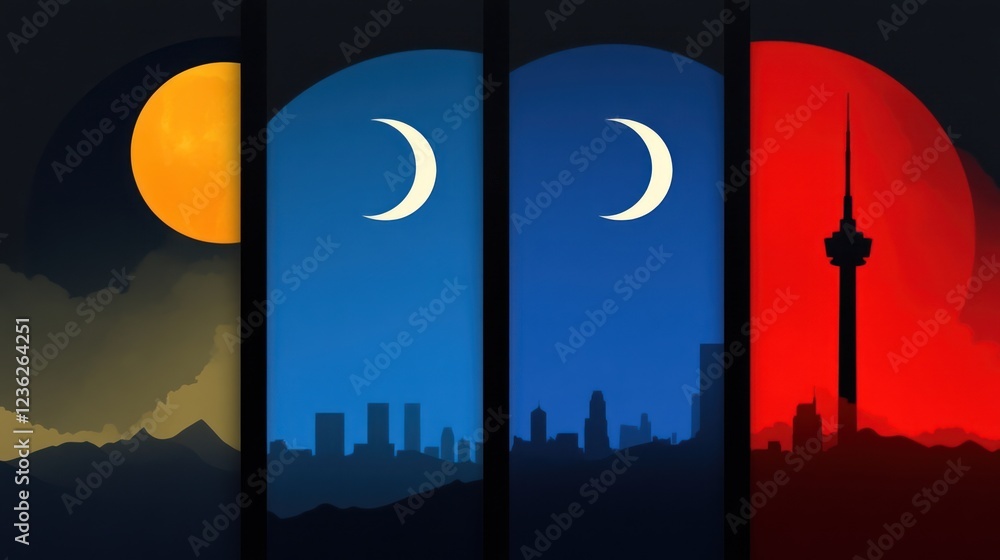 Fototapeta premium Four panels, night cityscape, moon phases, sunrise/sunset
