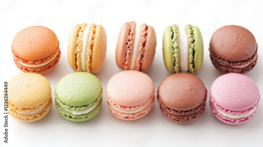 Close-up top view of a vibrant assortment of macaroons, arranged in a circular pattern on a crisp white background, showcasing their bright colors and textures Close-up top view of a vibrant assortment of macaroons, arranged in a circular pattern on a crisp white background, showcasing their bright colors and textures