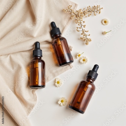 Minimalist Amber Essential Oil Bottles with Delicate Floral Arrangement