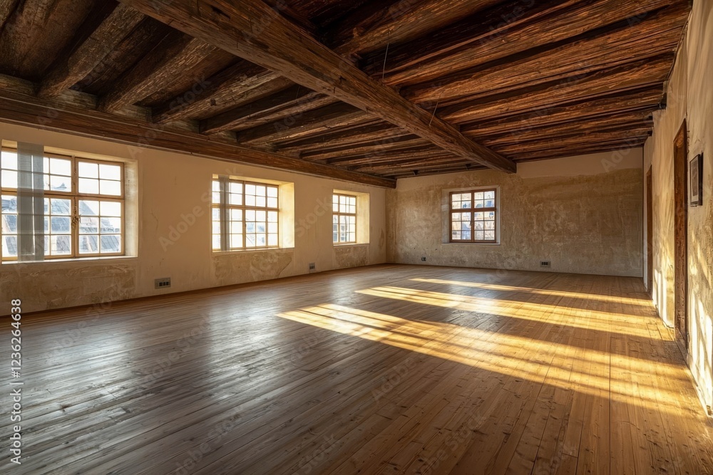 A large, empty room with a wooden floor and a wooden ceiling. The room is filled with wood and has a rustic feel. A large, empty room with a wooden floor and a wooden ceiling. The room is filled with wood and has a rustic feel.