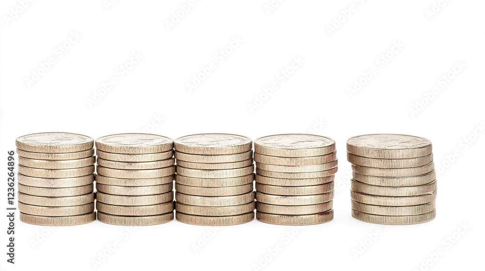 Stacks of Coins Arranged in Order on a White Background Stacks of Coins Arranged in Order on a White Background