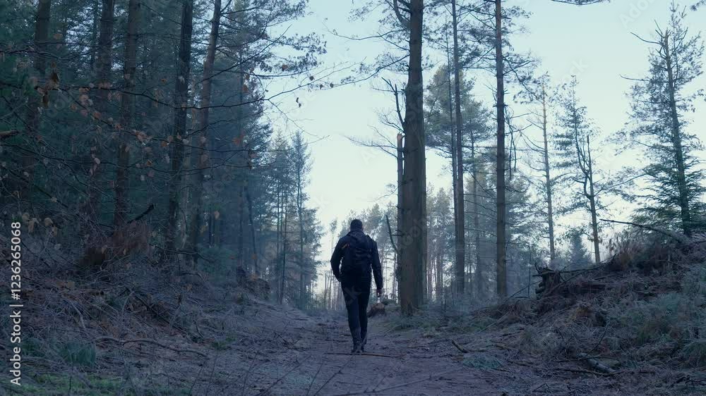 Man walking alone on a path in a forest Man walking alone on a path in a forest