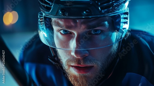 portrait of focused young goal-oriented Caucasian hockey player looking at camera during important tense match, concept professional league hockey match photo