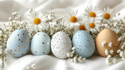 A spring wreath featuring a mix of daisies, babya??s breath, and colorful artificial eggs. photo