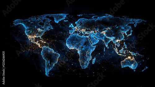 This image showcases a stunning digital map of the world, highlighting global connections and illuminated regions, representing technological advancement and interconnectedness across continents.