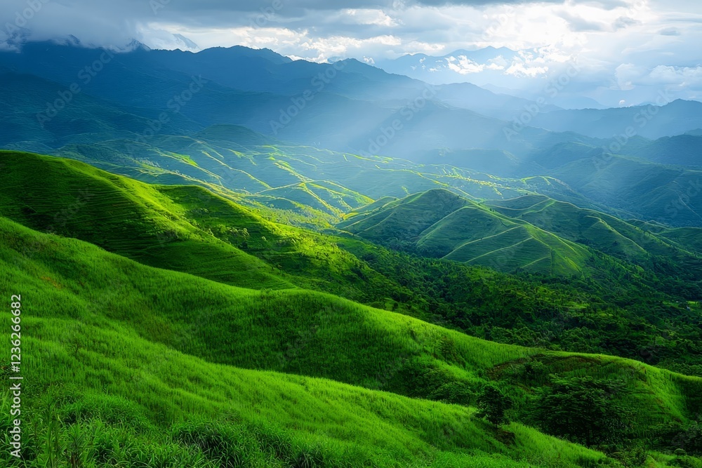 Naklejka premium Beautiful picturesque green mountains against the blue sky.
