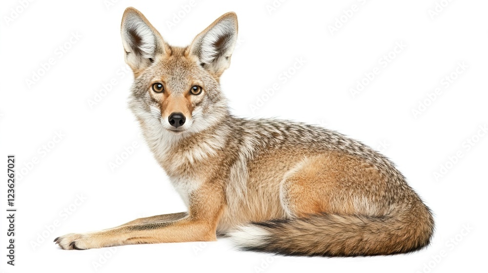 Obraz premium Coyote Sitting on White Background with Alert Expression and Fur Texture