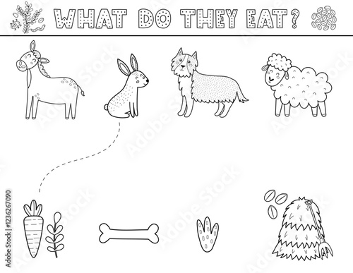 What do they eat matching game for kids in outline with cute farm animals. Farm activity page in black and white for school and preschool. Vector illustration