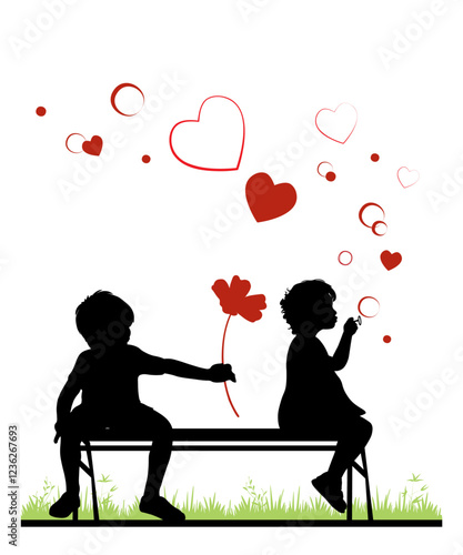Children silhouettes. Valentine's day. Little boy and girl with red flower and hearts. Vector illustration.
