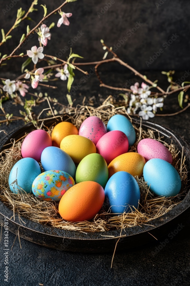 A basket filled with a variety of colorful Easter eggs, suggesting a festive and joyous occasion. A basket filled with a variety of colorful Easter eggs, suggesting a festive and joyous occasion.