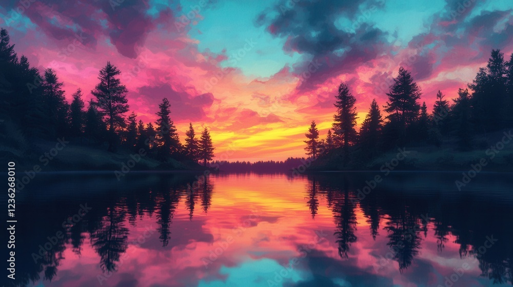 Serene Sunset Over Calm Lake Surrounded by Majestic Pine Trees Serene Sunset Over Calm Lake Surrounded by Majestic Pine Trees