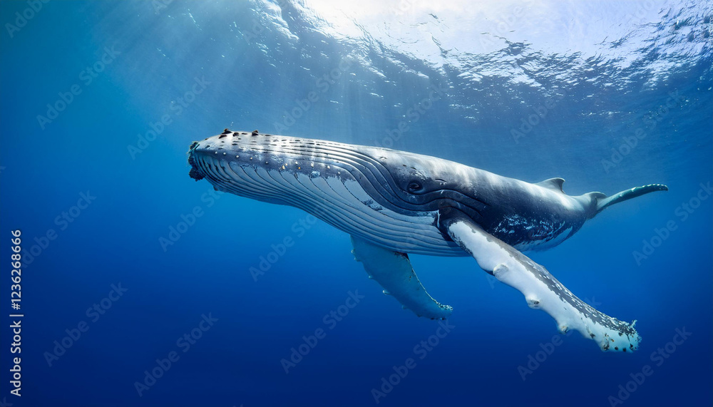 Fototapeta premium Una gran ballena azul nadando en libertad bajo el agua en el mar azul cerca de la superficie