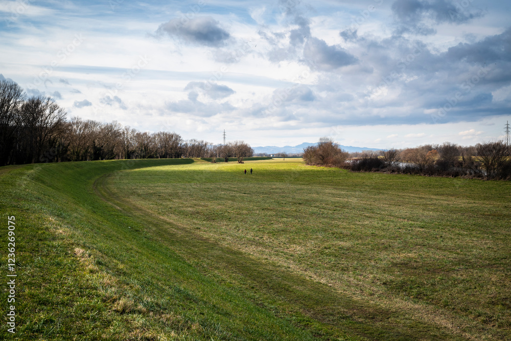 Fototapeta premium Embankment and open grass flood plane area along river Sava, Zagreb, Croatia