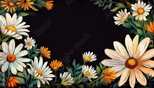 border frame white daisy flowers on black background with copy space graphic resource