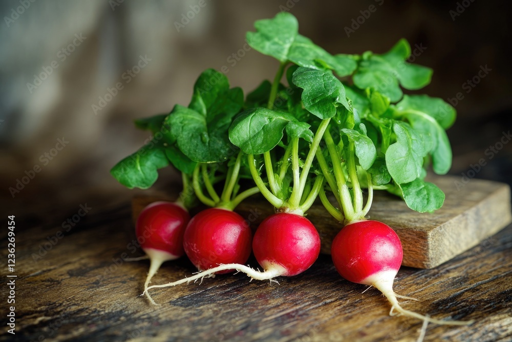 Close-up of fresh red radishes with green shoots, ready for harvest. Close-up of fresh red radishes with green shoots, ready for harvest.